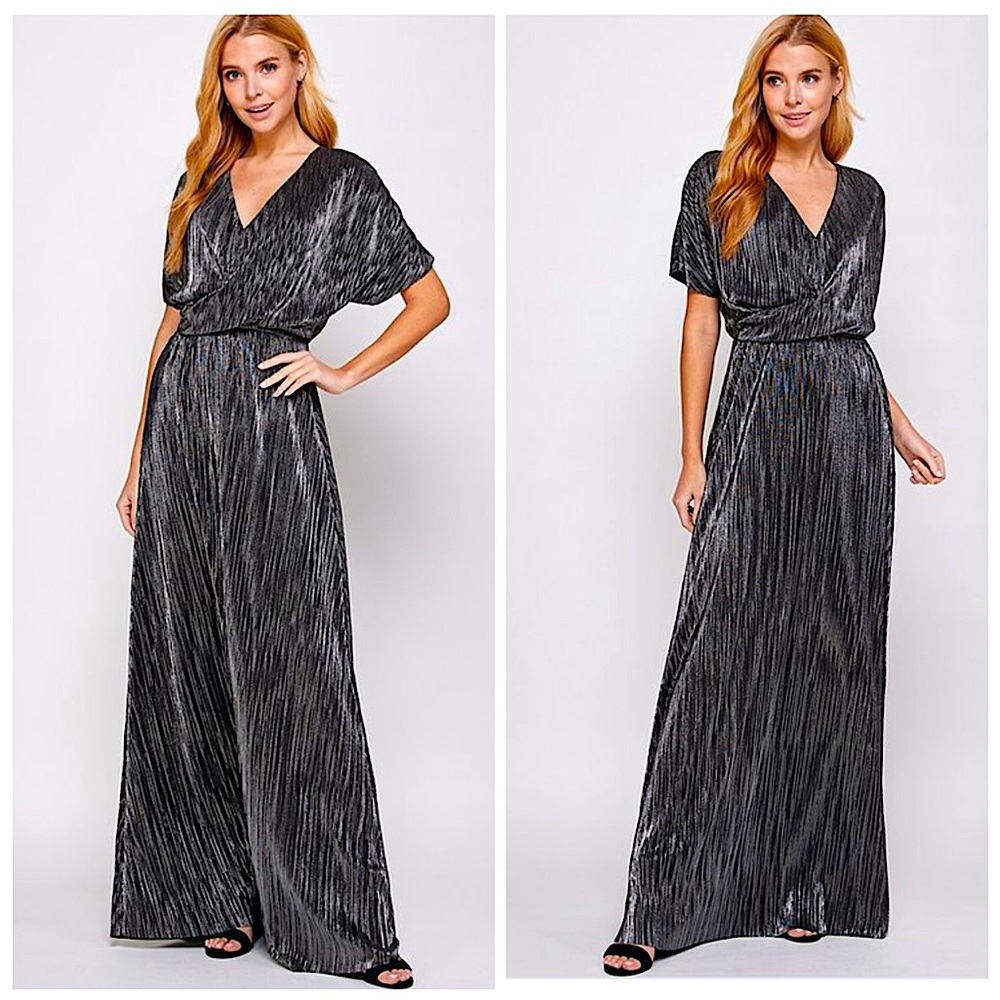 Black & Silver V-Neck Twist Draped Formal Dress